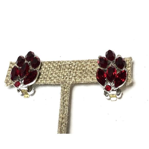 Vintage Earrings Crystal Glass Red Wine Clips Clip Ons Silver Tone Estate - Picture 7 of 15